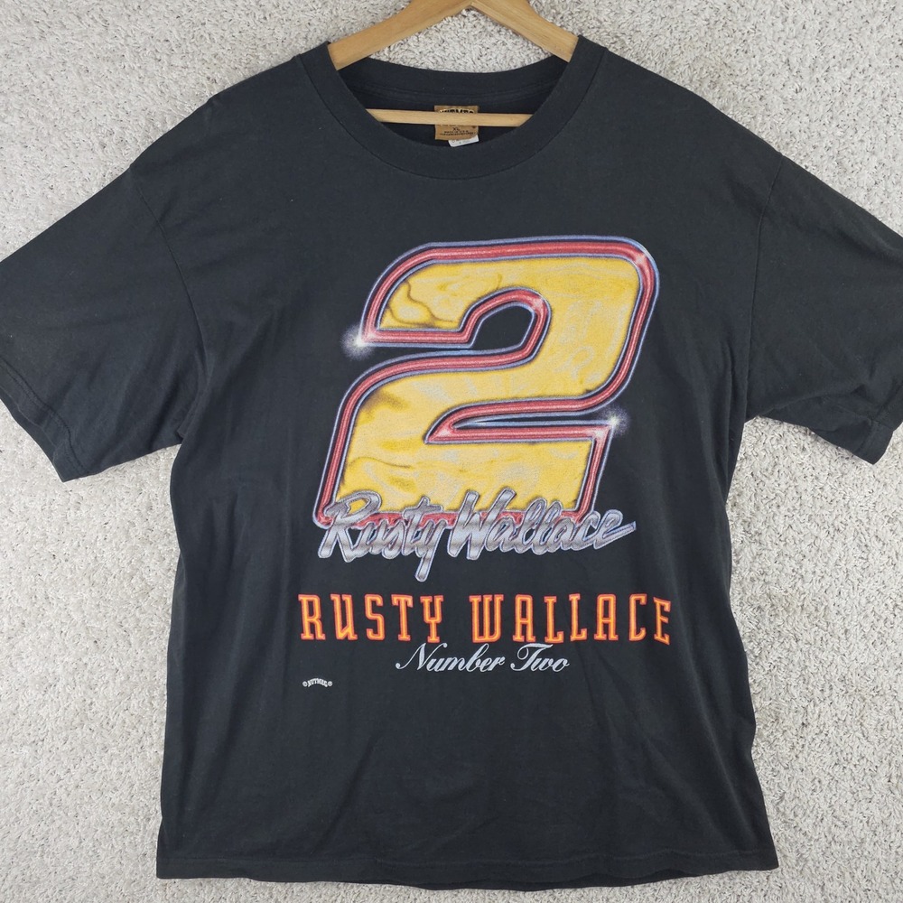 Vintage Nutmeg Rusty Wallace Racing Graphic T-Shirt Sz XL Black Made USA Nascar